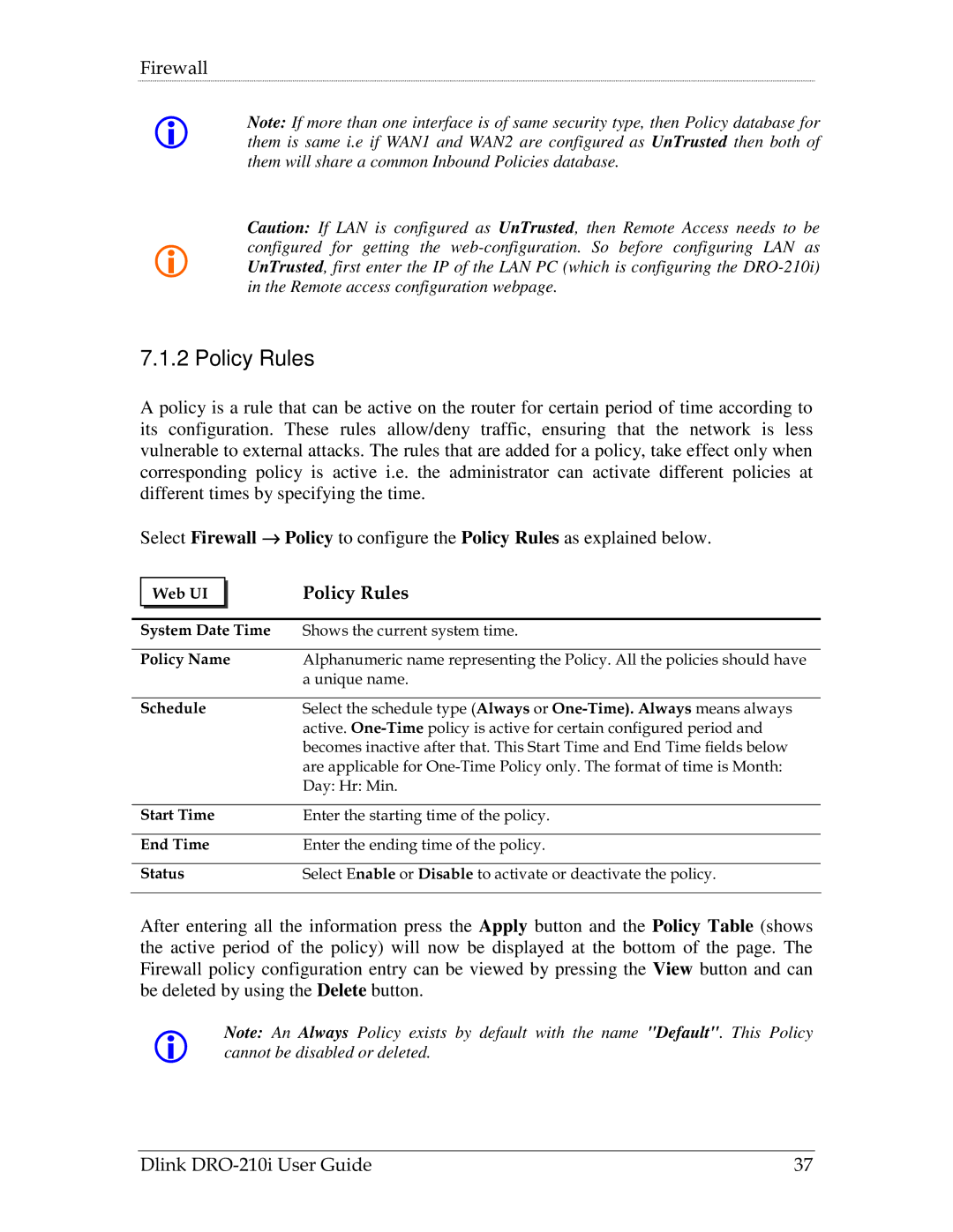 D-Link DRO-210i manual Policy Rules 