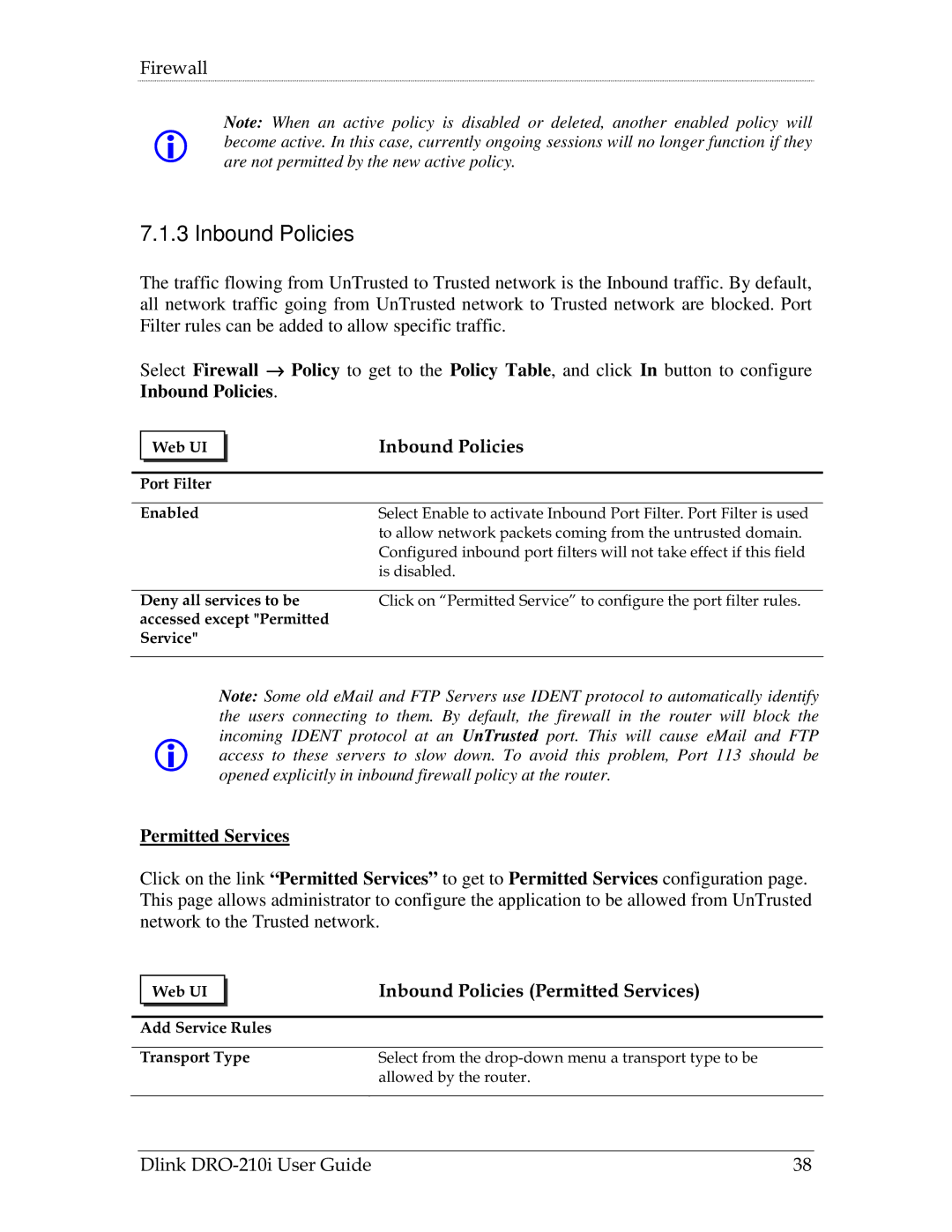 D-Link DRO-210i manual Inbound Policies Permitted Services 