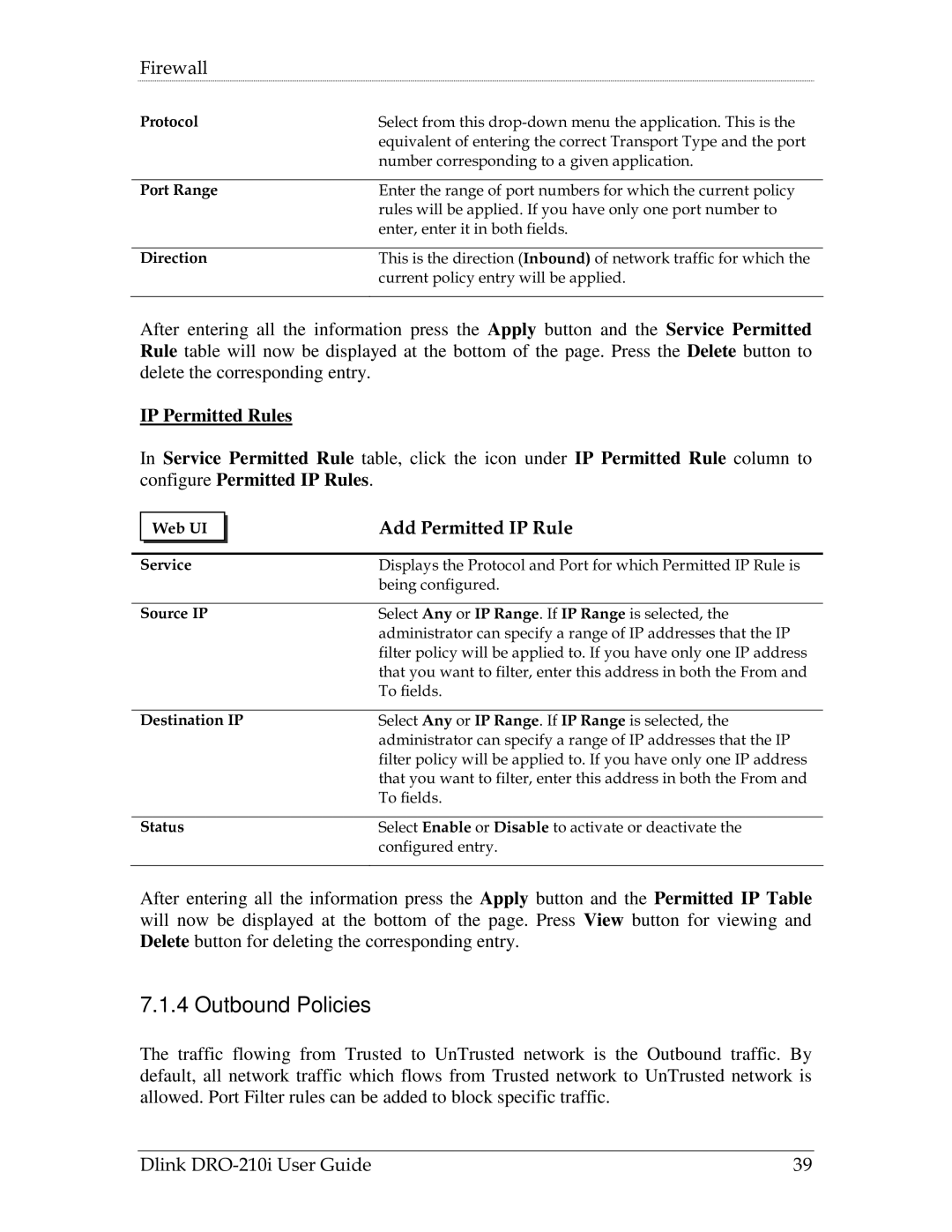 D-Link DRO-210i manual Outbound Policies, IP Permitted Rules, Add Permitted IP Rule 