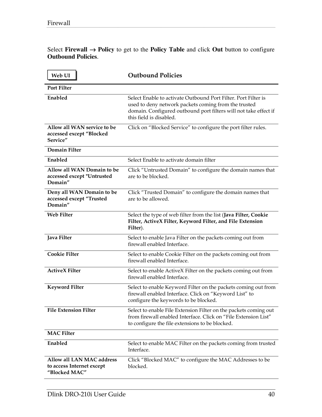 D-Link DRO-210i manual Outbound Policies 