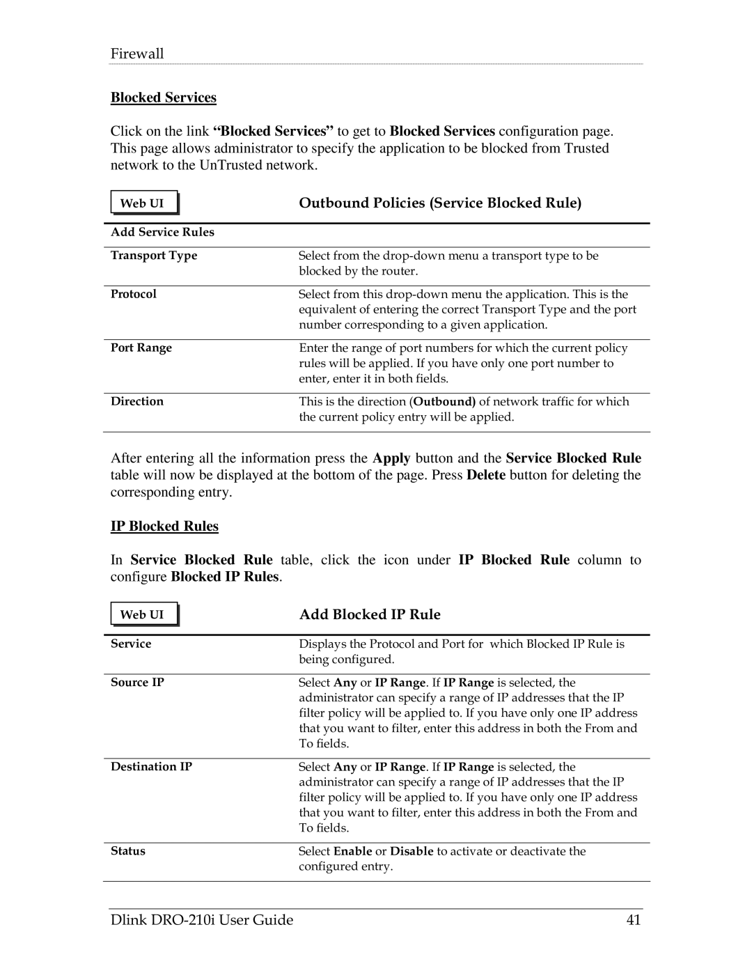 D-Link DRO-210i manual Blocked Services, Outbound Policies Service Blocked Rule, IP Blocked Rules, Add Blocked IP Rule 