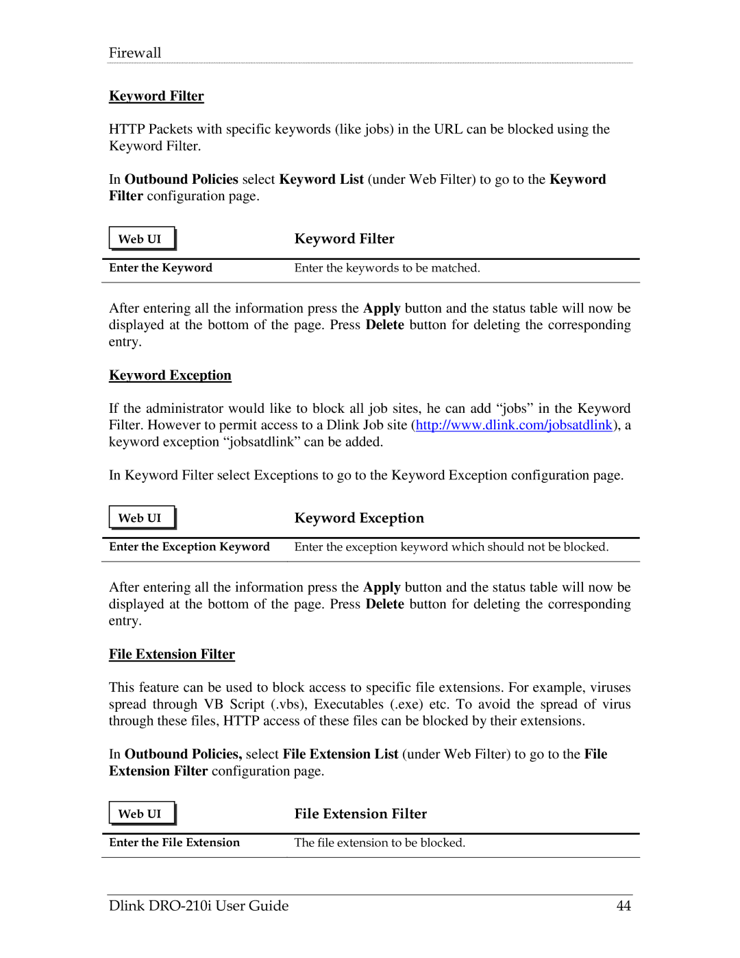 D-Link DRO-210i manual Keyword Filter, Keyword Exception, File Extension Filter 