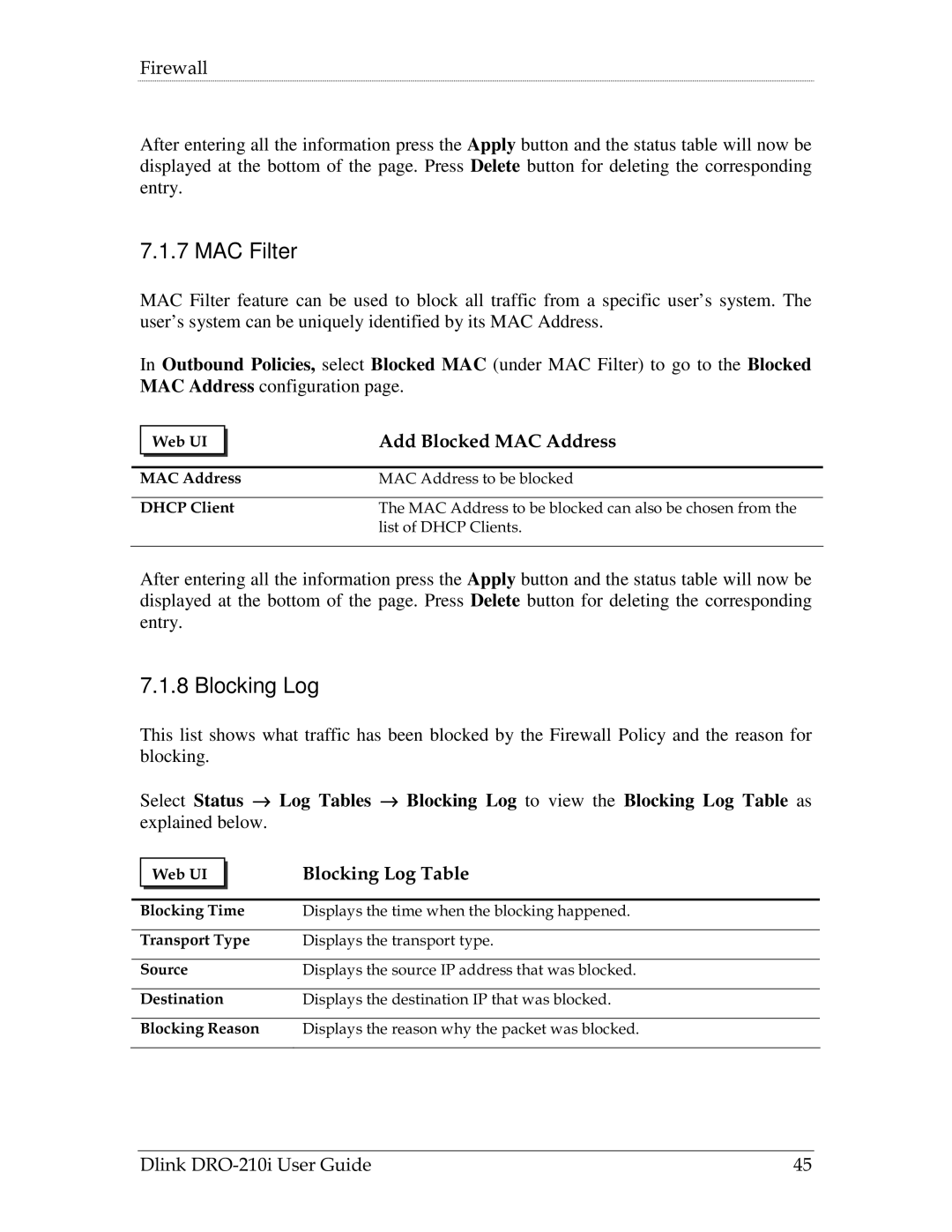 D-Link DRO-210i manual MAC Filter, Add Blocked MAC Address, Blocking Log Table 