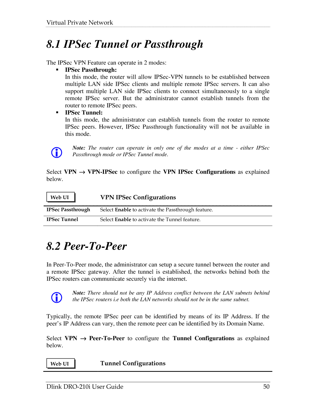 D-Link DRO-210i manual IPSec Tunnel or Passthrough, Peer-To-Peer, IPSec Passthrough 