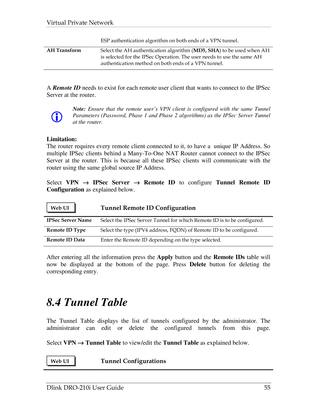 D-Link DRO-210i manual Tunnel Table, Limitation, Tunnel Remote ID Configuration 