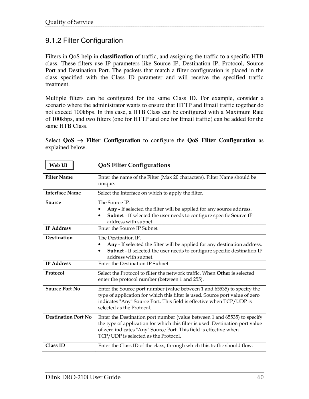 D-Link DRO-210i manual QoS Filter Configurations 