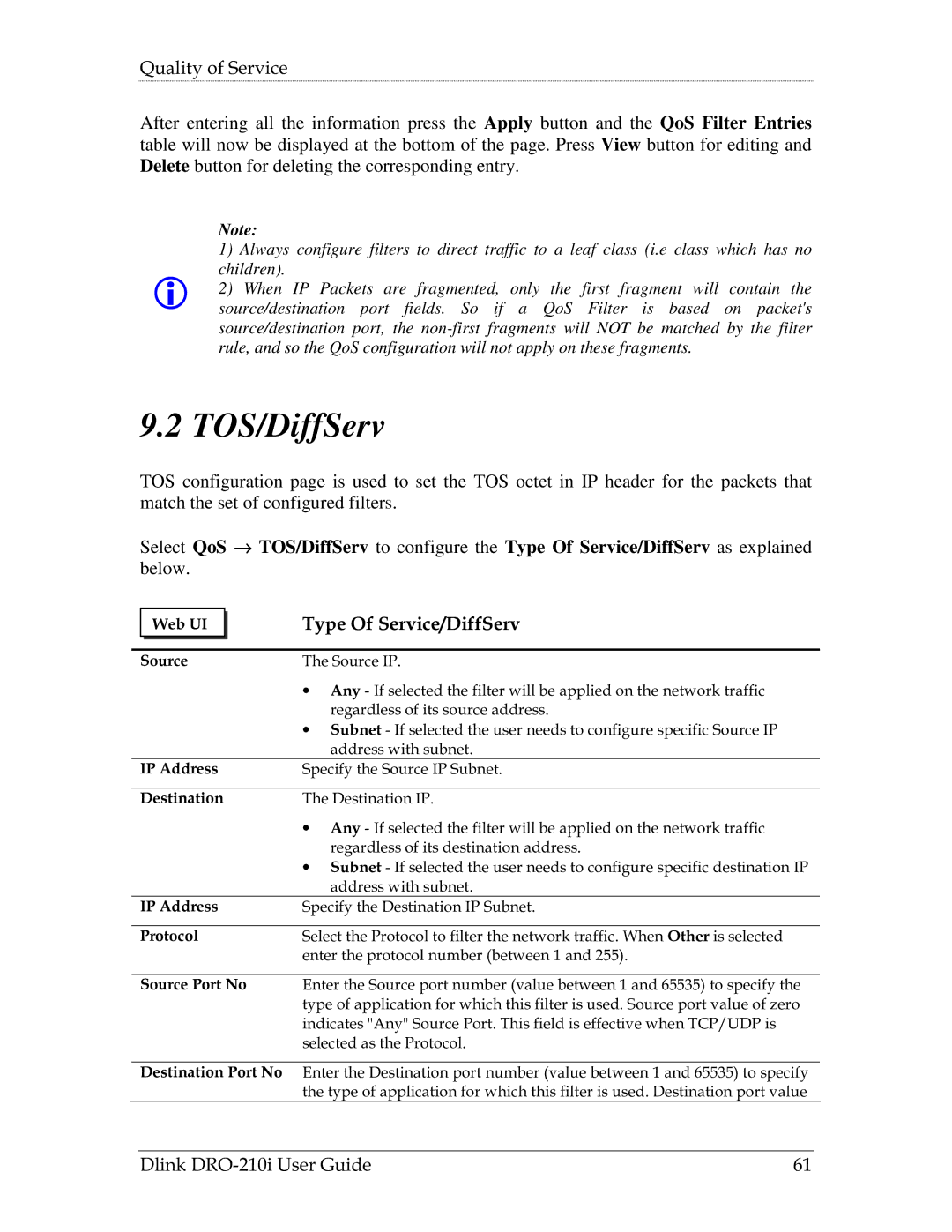 D-Link DRO-210i manual TOS/DiffServ, Type Of Service/DiffServ 