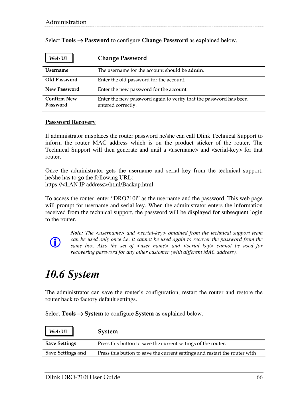 D-Link DRO-210i manual System, Change Password, Password Recovery 