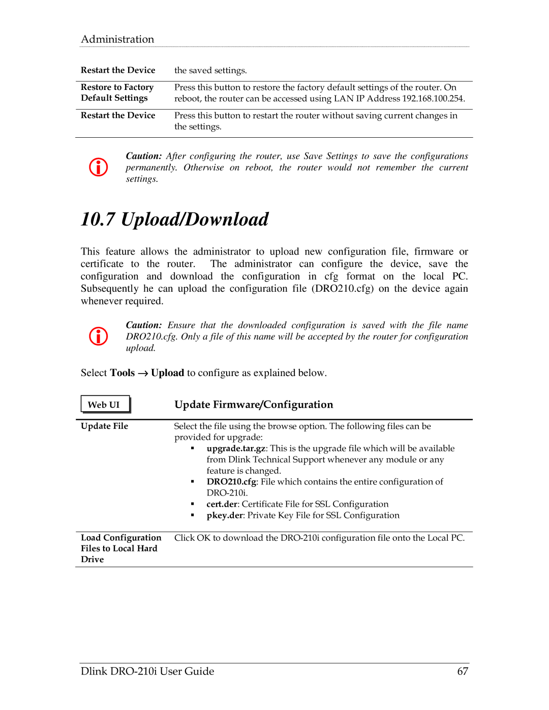 D-Link DRO-210i manual Upload/Download, Update Firmware/Configuration 