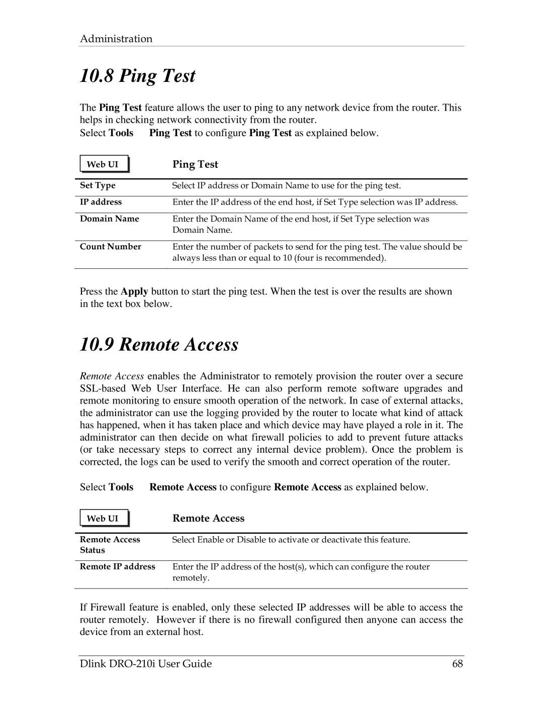 D-Link DRO-210i manual Ping Test, Remote Access 