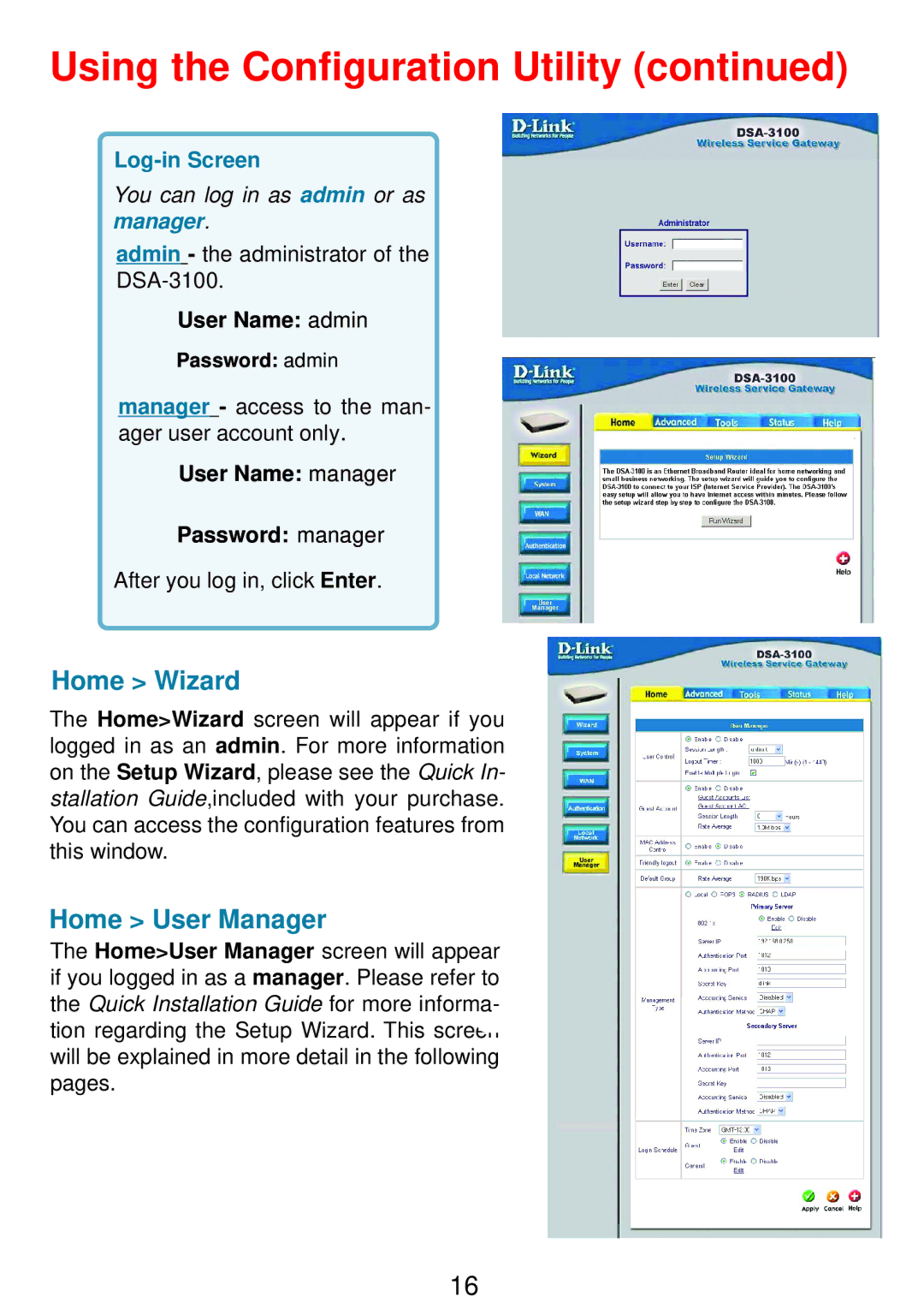 D-Link DSA-3100 manual Home Wizard, Home User Manager 