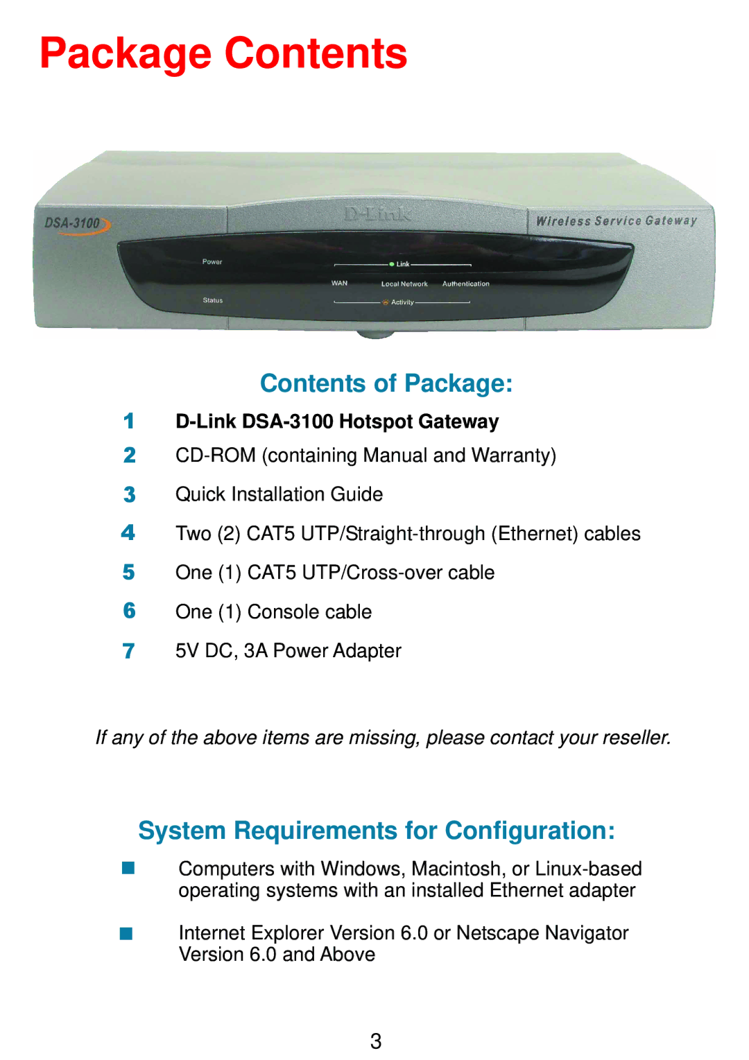 D-Link DSA-3100 manual Package Contents 