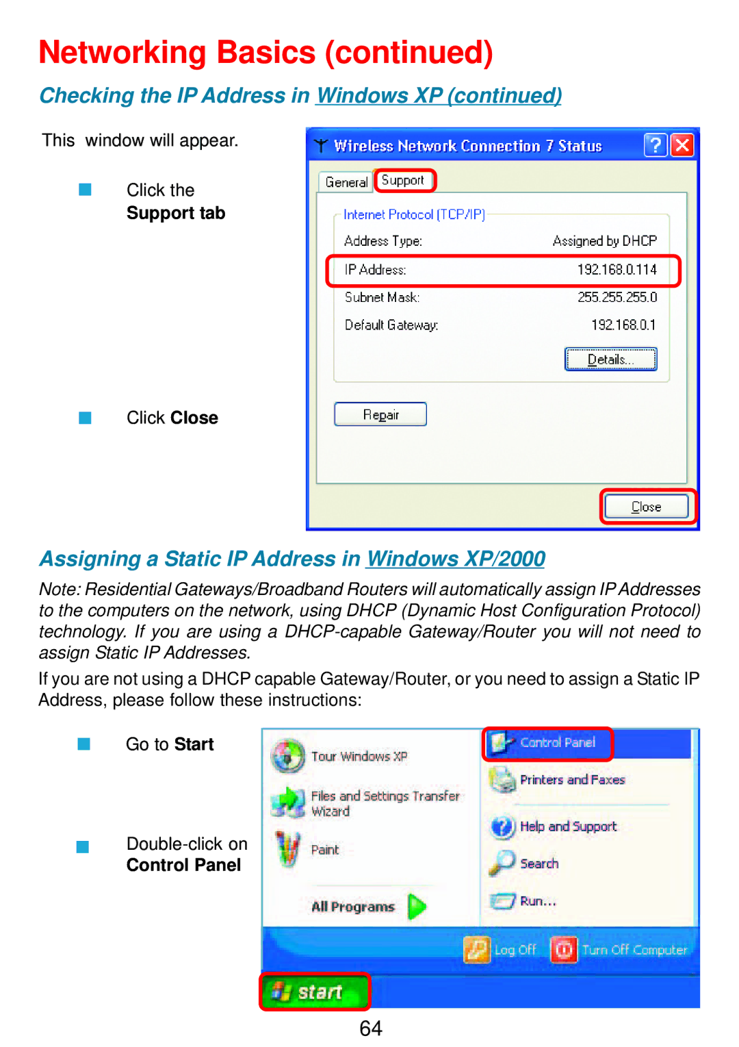 D-Link DSA-3100 manual Assigning a Static IP Address in Windows XP/2000 