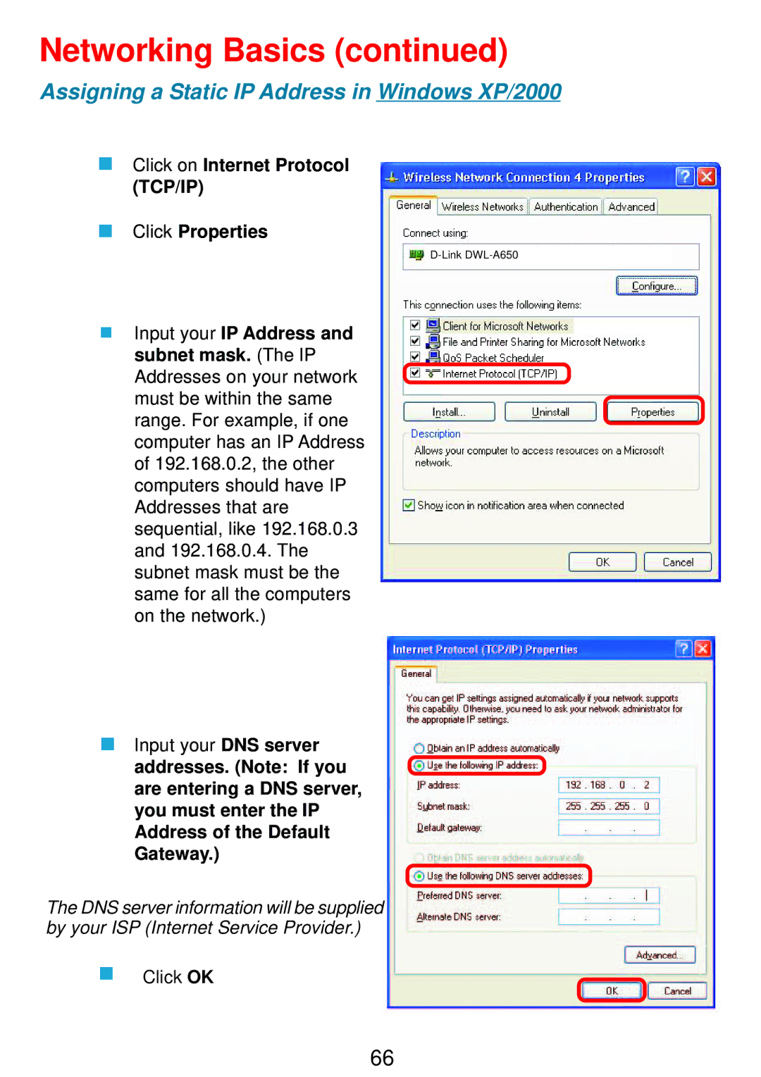 D-Link DSA-3100 manual Click on Internet Protocol TCP/IP Click Properties 