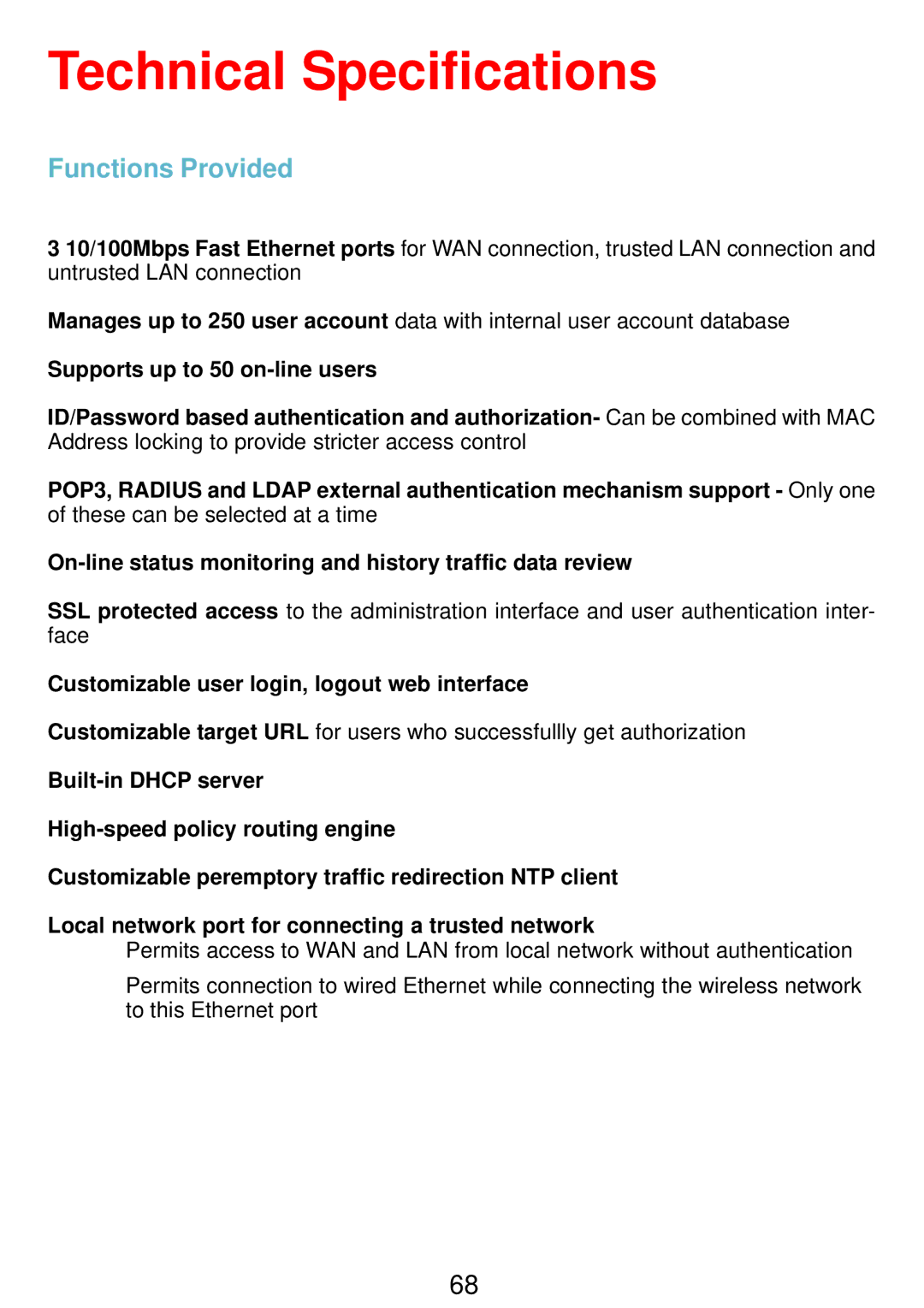 D-Link DSA-3100 manual Technical Specifications, Functions Provided 