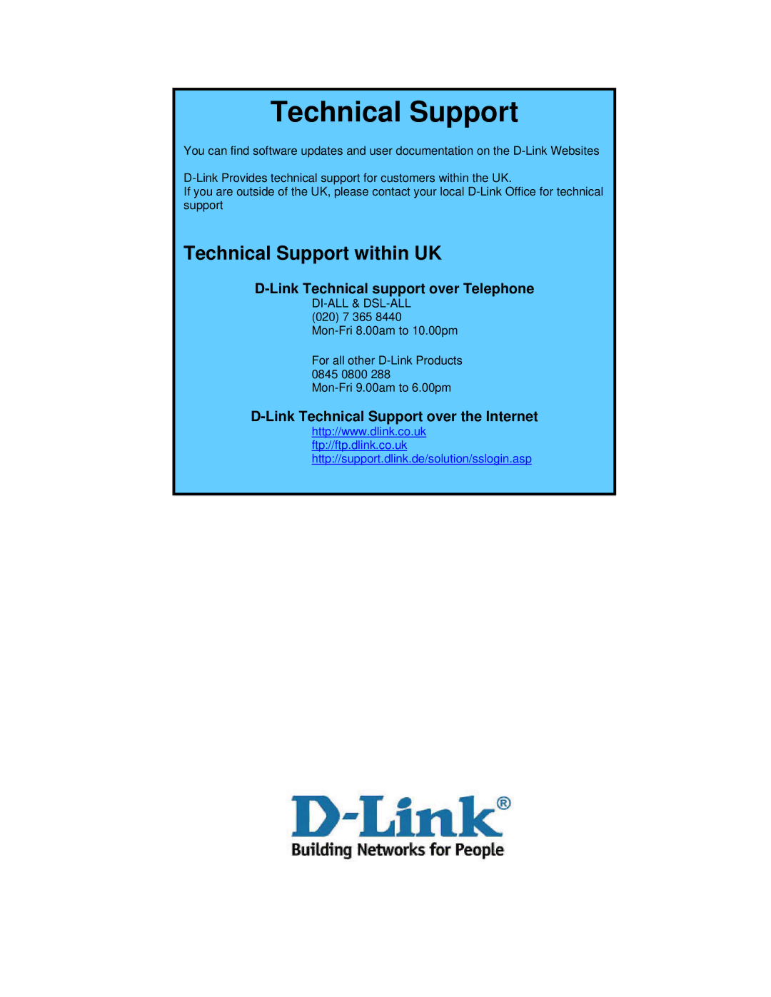 D-Link DSA-3100 manual Technical Support 