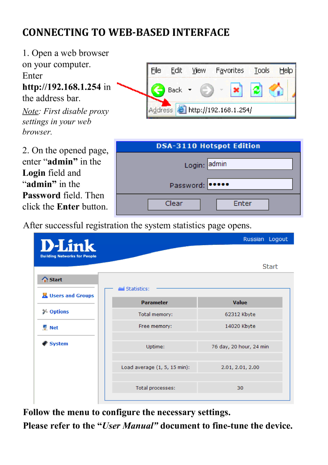 D-Link DSA-3110 manual Connecting to WEB-BASED Interface 