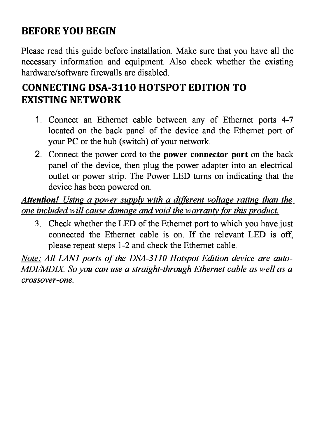 D-Link manual Before You Begin, CONNECTING DSA-3110 HOTSPOT EDITION TO EXISTING NETWORK 