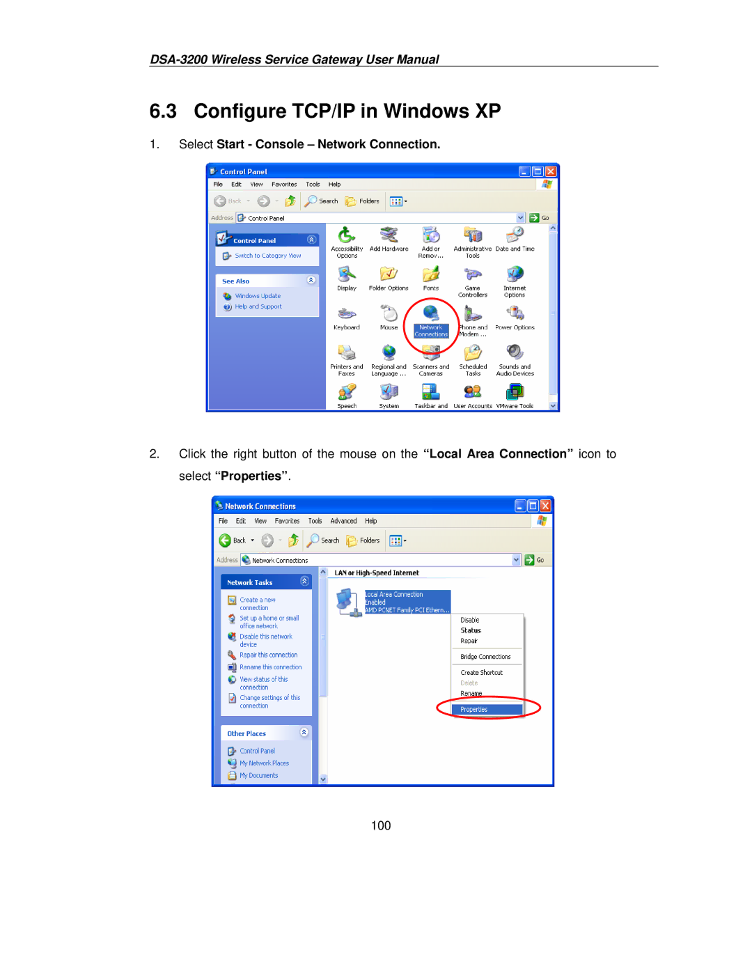 D-Link DSA-3200 user manual Configure TCP/IP in Windows XP, Select Start Console Network Connection 