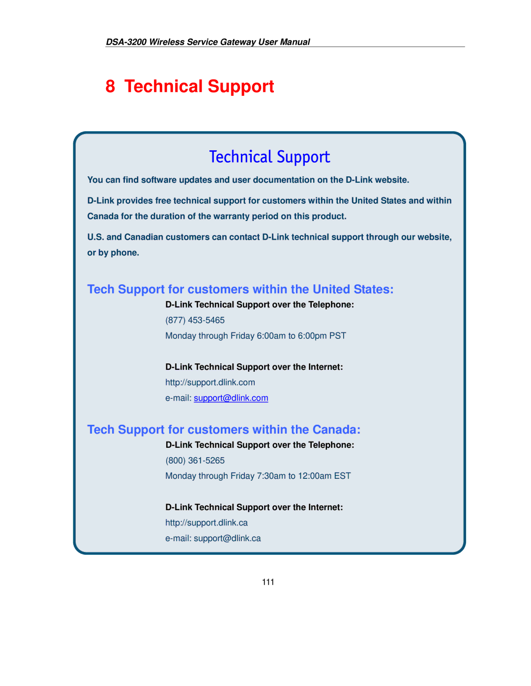 D-Link DSA-3200 user manual Link Technical Support over the Telephone, Link Technical Support over the Internet 