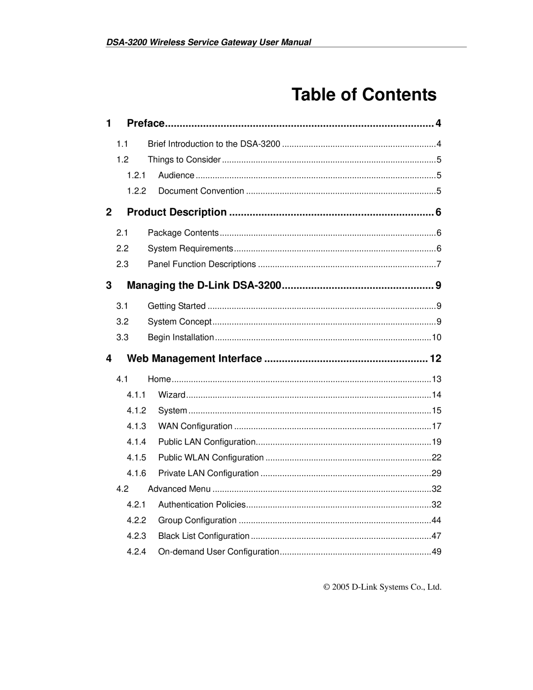 D-Link DSA-3200 user manual Table of Contents 