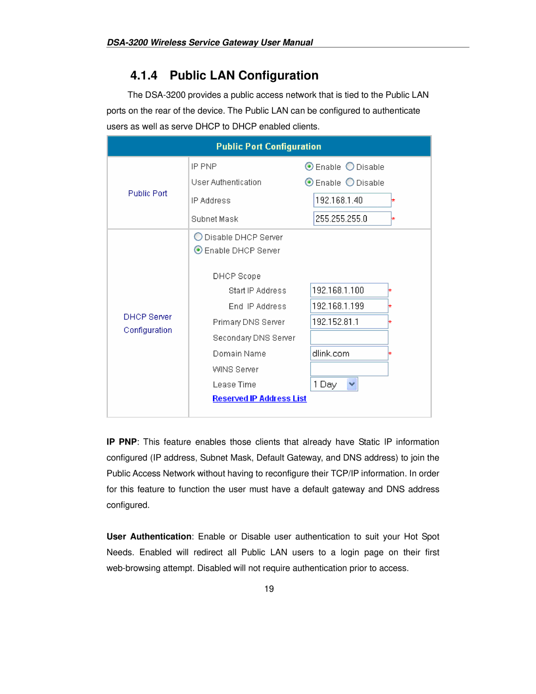 D-Link DSA-3200 user manual Public LAN Configuration 