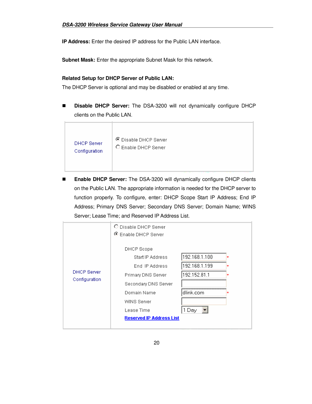 D-Link DSA-3200 user manual Related Setup for Dhcp Server of Public LAN 