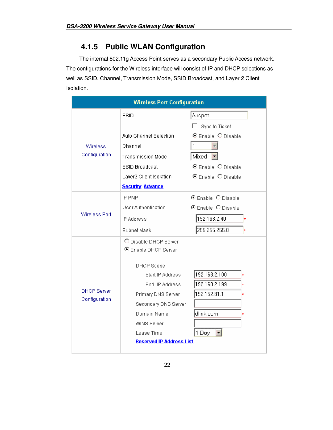 D-Link DSA-3200 user manual Public Wlan Configuration 