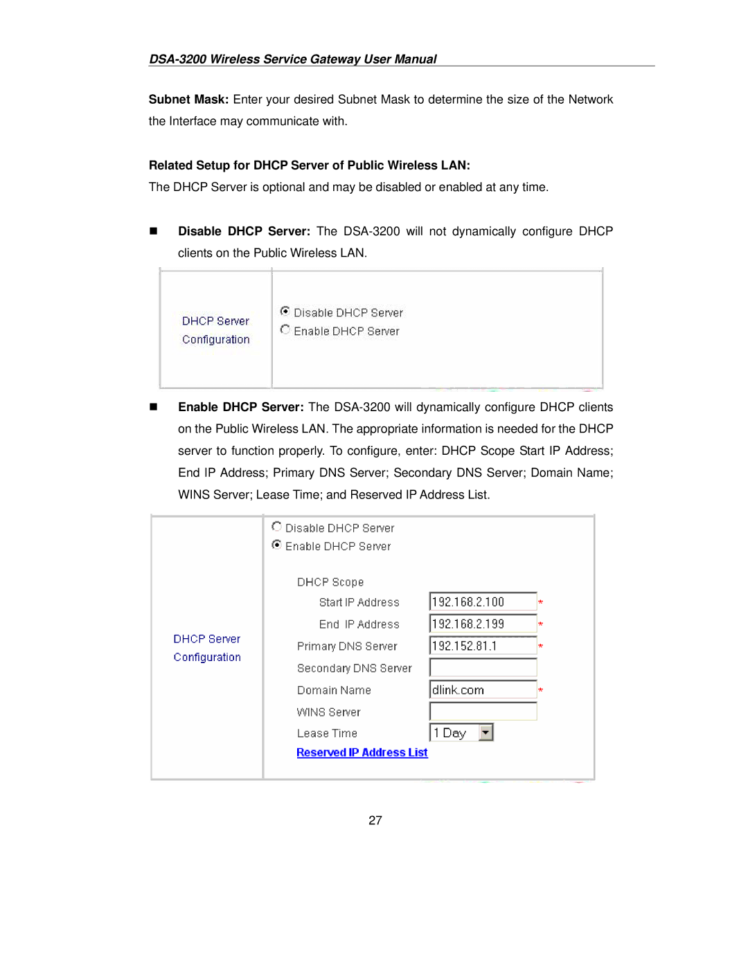 D-Link DSA-3200 user manual Related Setup for Dhcp Server of Public Wireless LAN 