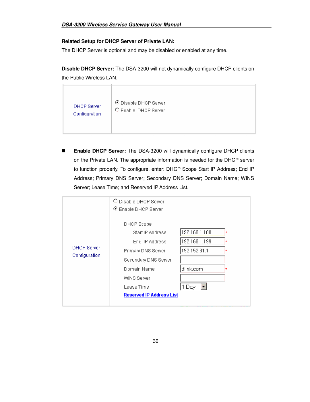 D-Link DSA-3200 user manual Related Setup for Dhcp Server of Private LAN 