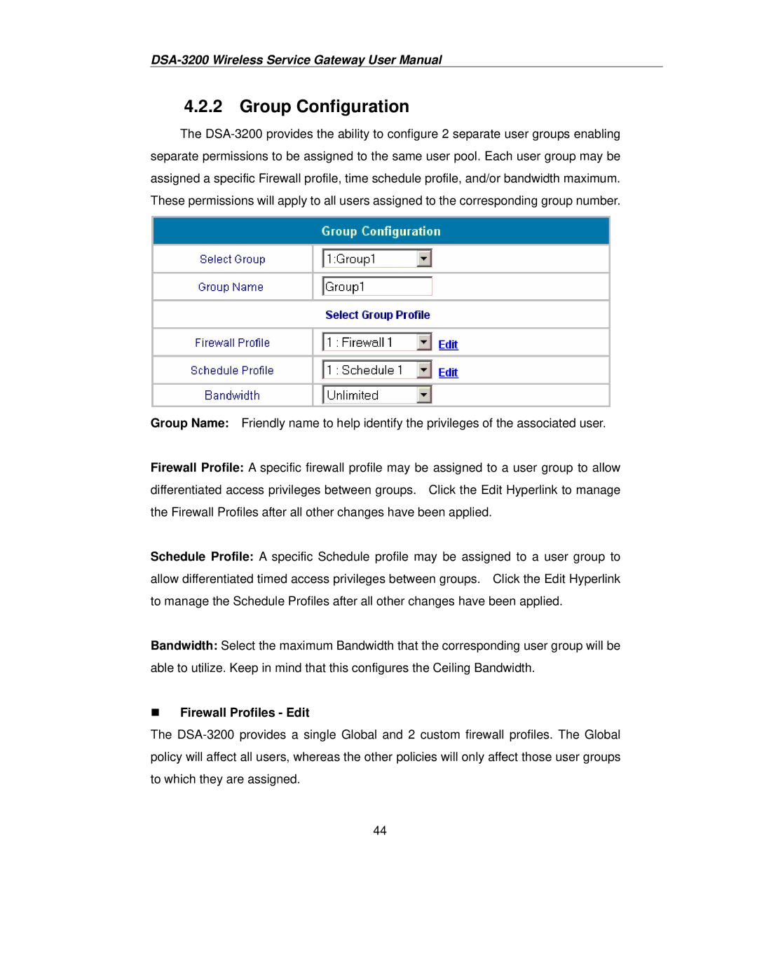 D-Link DSA-3200 user manual Group Configuration, „ Firewall Profiles Edit 