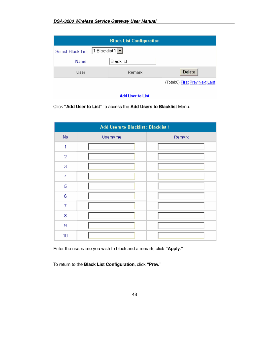 D-Link DSA-3200 user manual To return to the Black List Configuration, click Prev 