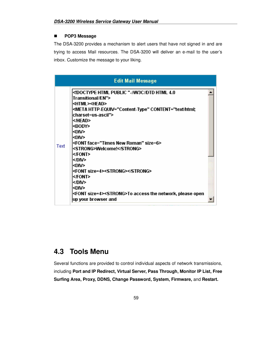 D-Link DSA-3200 user manual Tools Menu, „ POP3 Message 