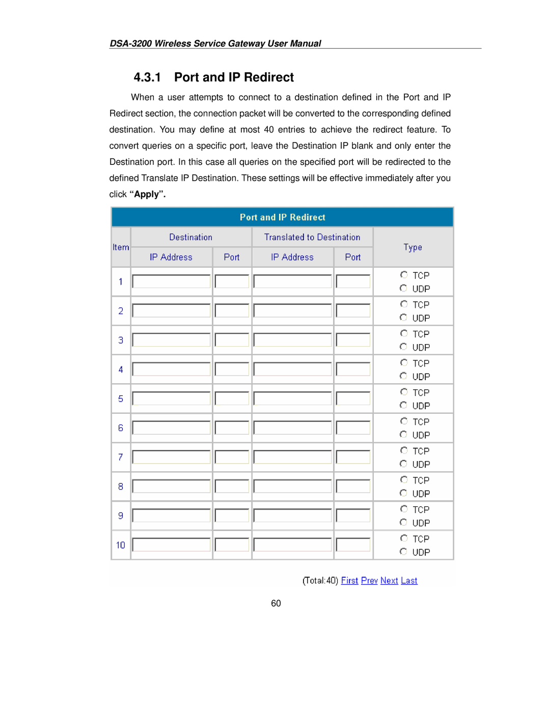 D-Link DSA-3200 user manual Port and IP Redirect 