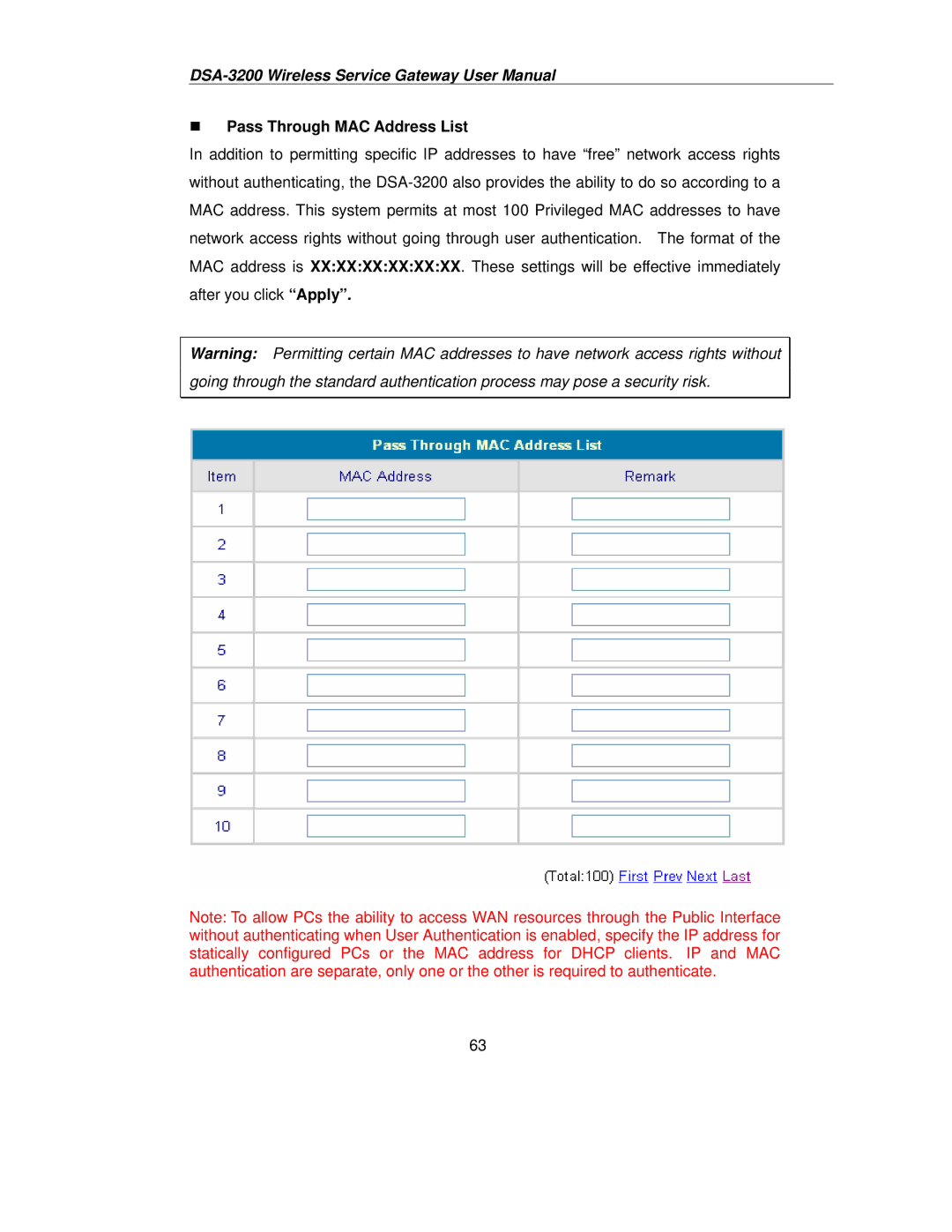 D-Link DSA-3200 user manual „ Pass Through MAC Address List 