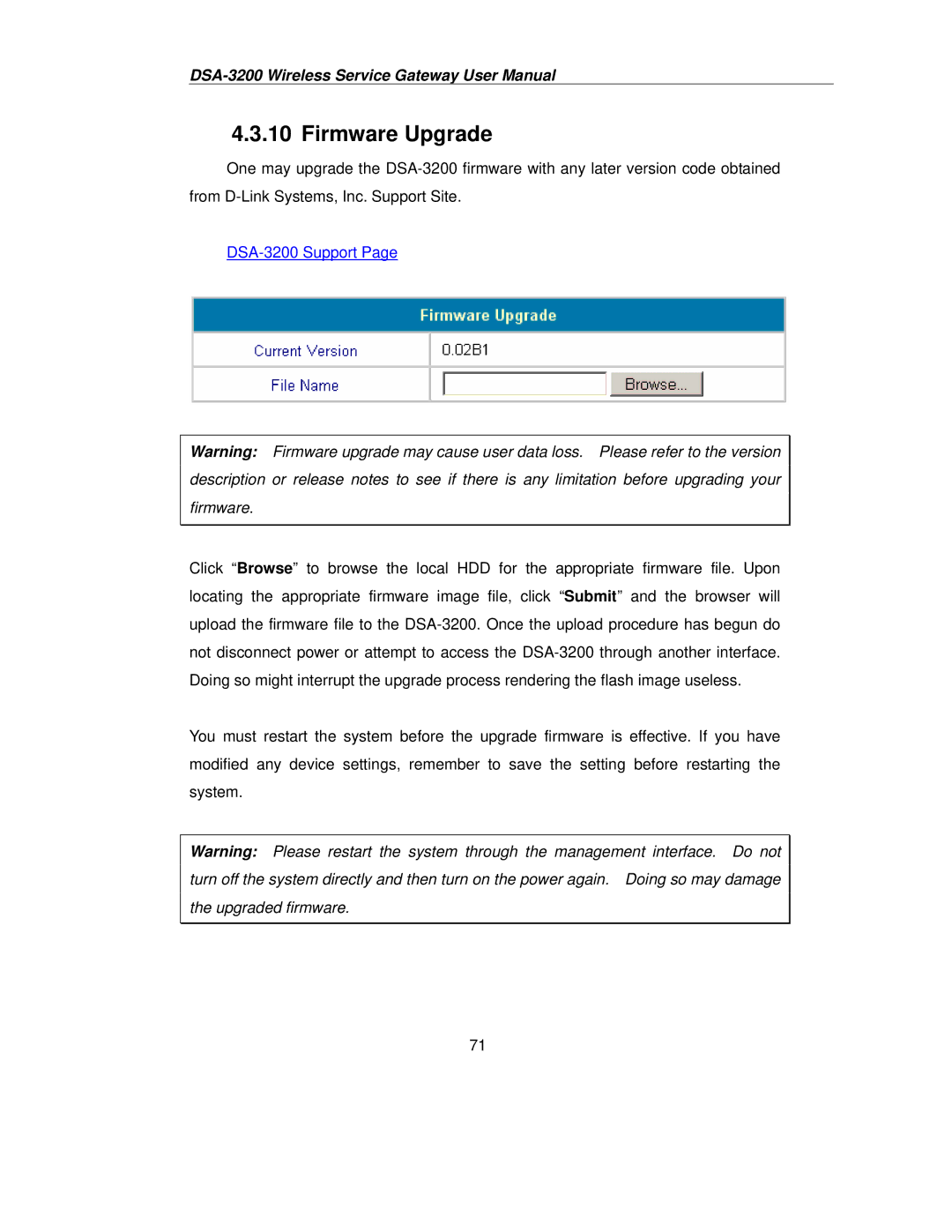 D-Link user manual Firmware Upgrade, DSA-3200 Support 