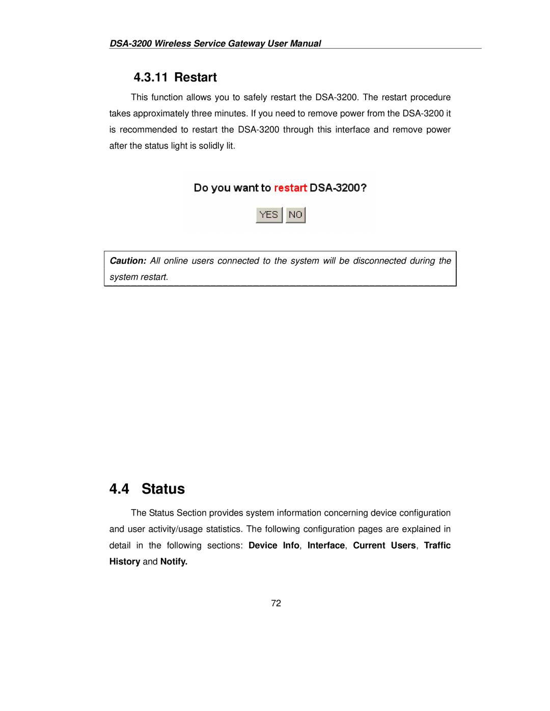 D-Link DSA-3200 user manual Status, Restart 