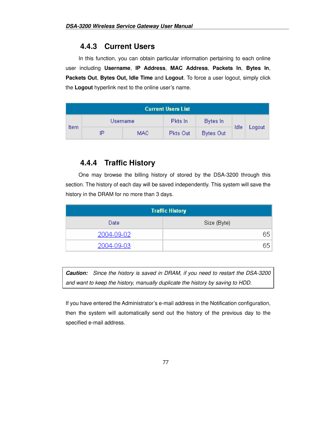 D-Link DSA-3200 user manual Current Users, Traffic History 