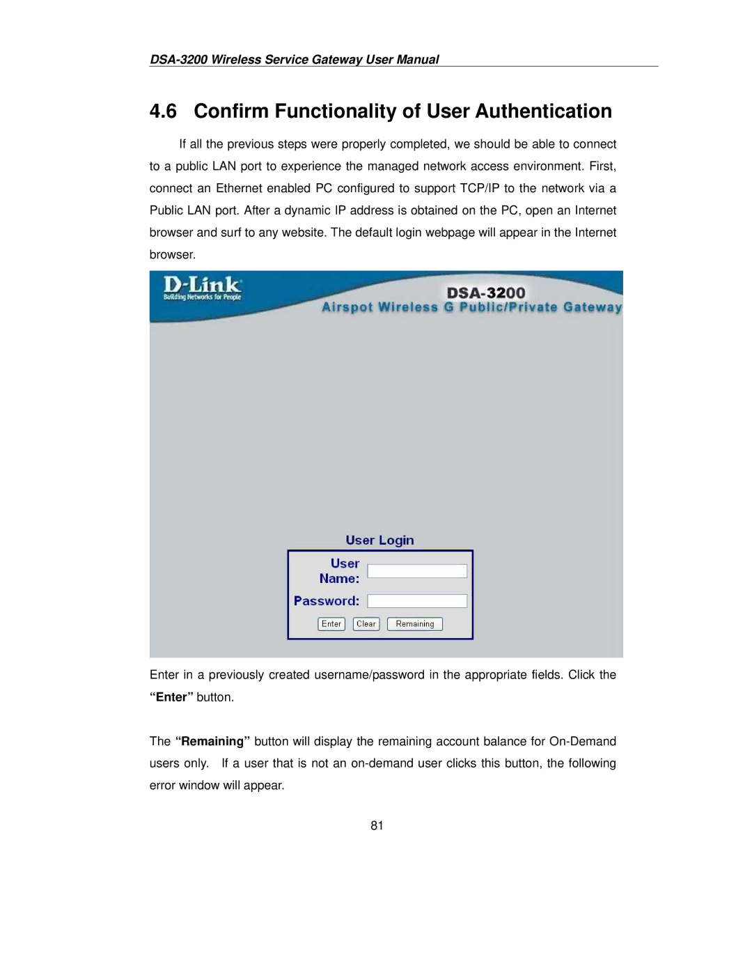 D-Link DSA-3200 user manual Confirm Functionality of User Authentication 