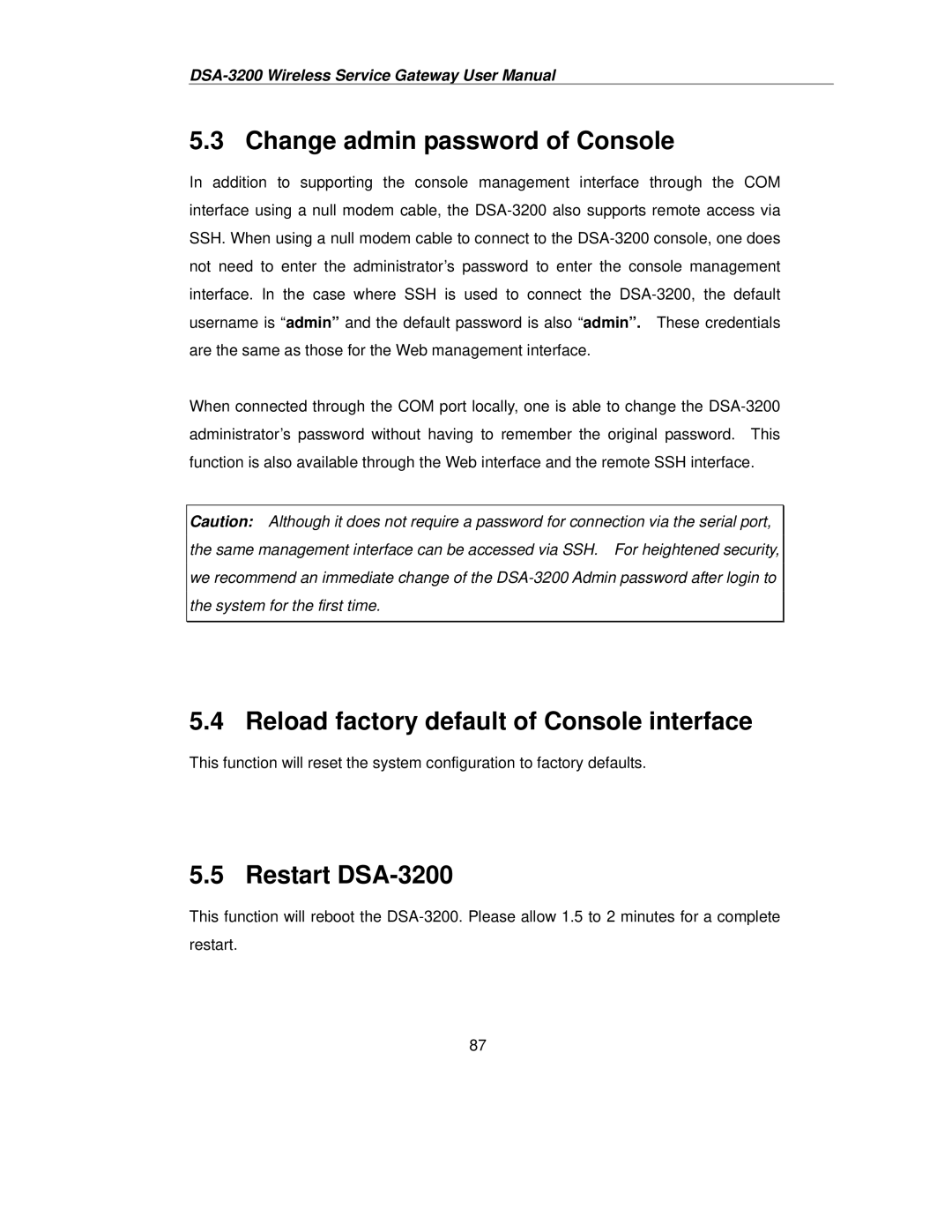 D-Link user manual Change admin password of Console, Reload factory default of Console interface, Restart DSA-3200 