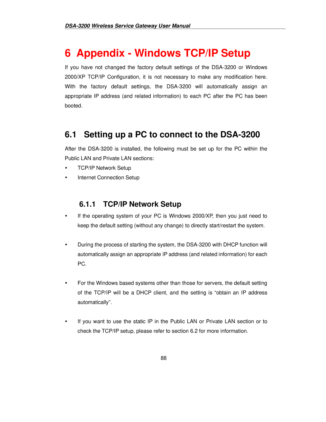 D-Link user manual Setting up a PC to connect to the DSA-3200, 1 TCP/IP Network Setup 