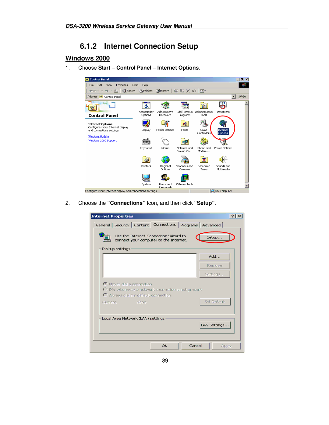 D-Link DSA-3200 user manual Internet Connection Setup, Choose Start Control Panel Internet Options 