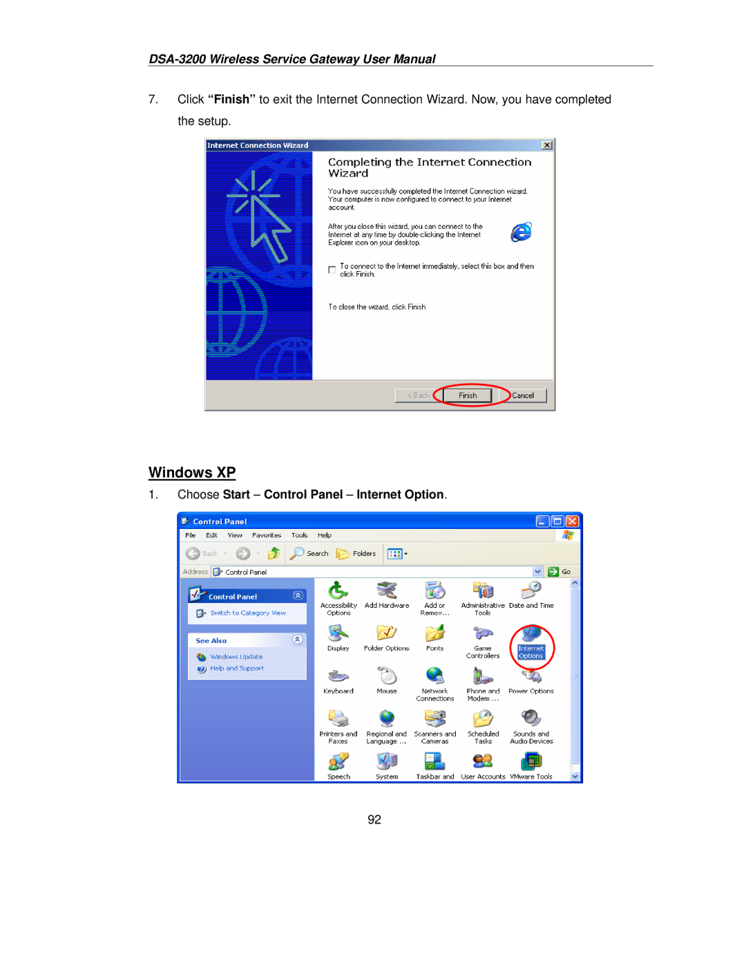 D-Link DSA-3200 user manual Windows XP, Choose Start Control Panel Internet Option 