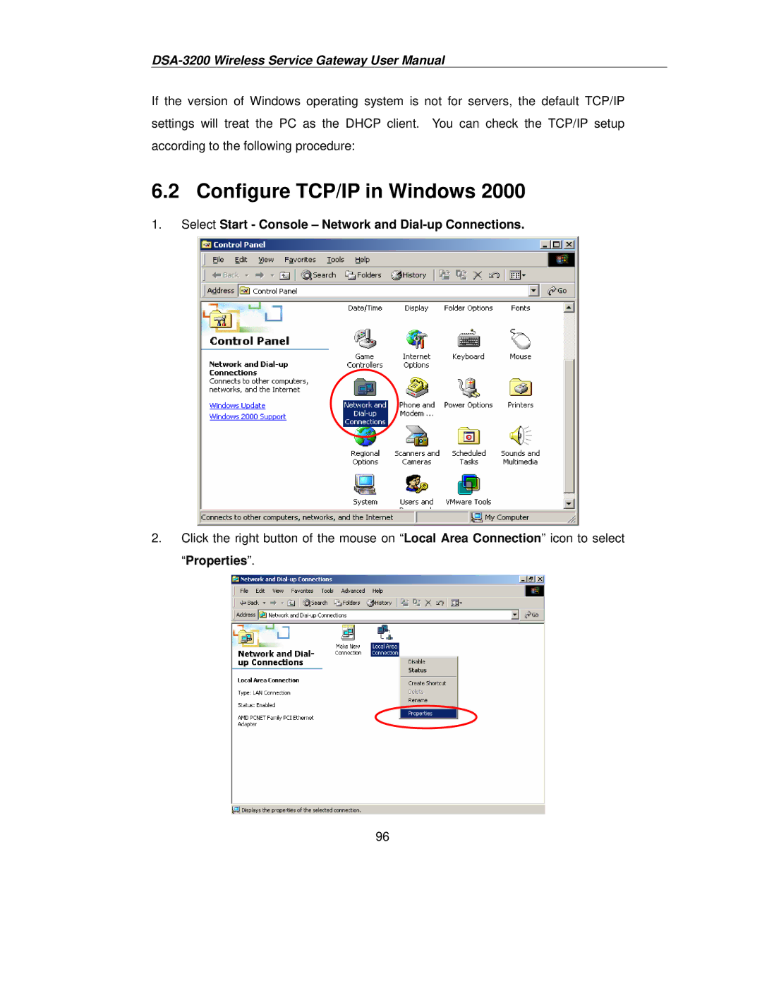 D-Link DSA-3200 user manual Configure TCP/IP in Windows, Select Start Console Network and Dial-up Connections 