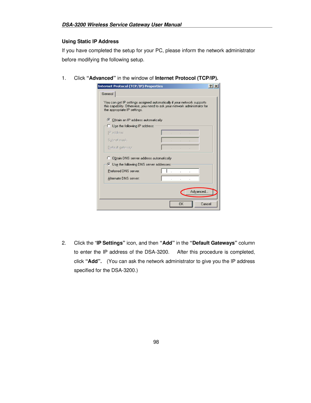 D-Link DSA-3200 user manual Using Static IP Address, Click Advanced in the window of Internet Protocol TCP/IP 