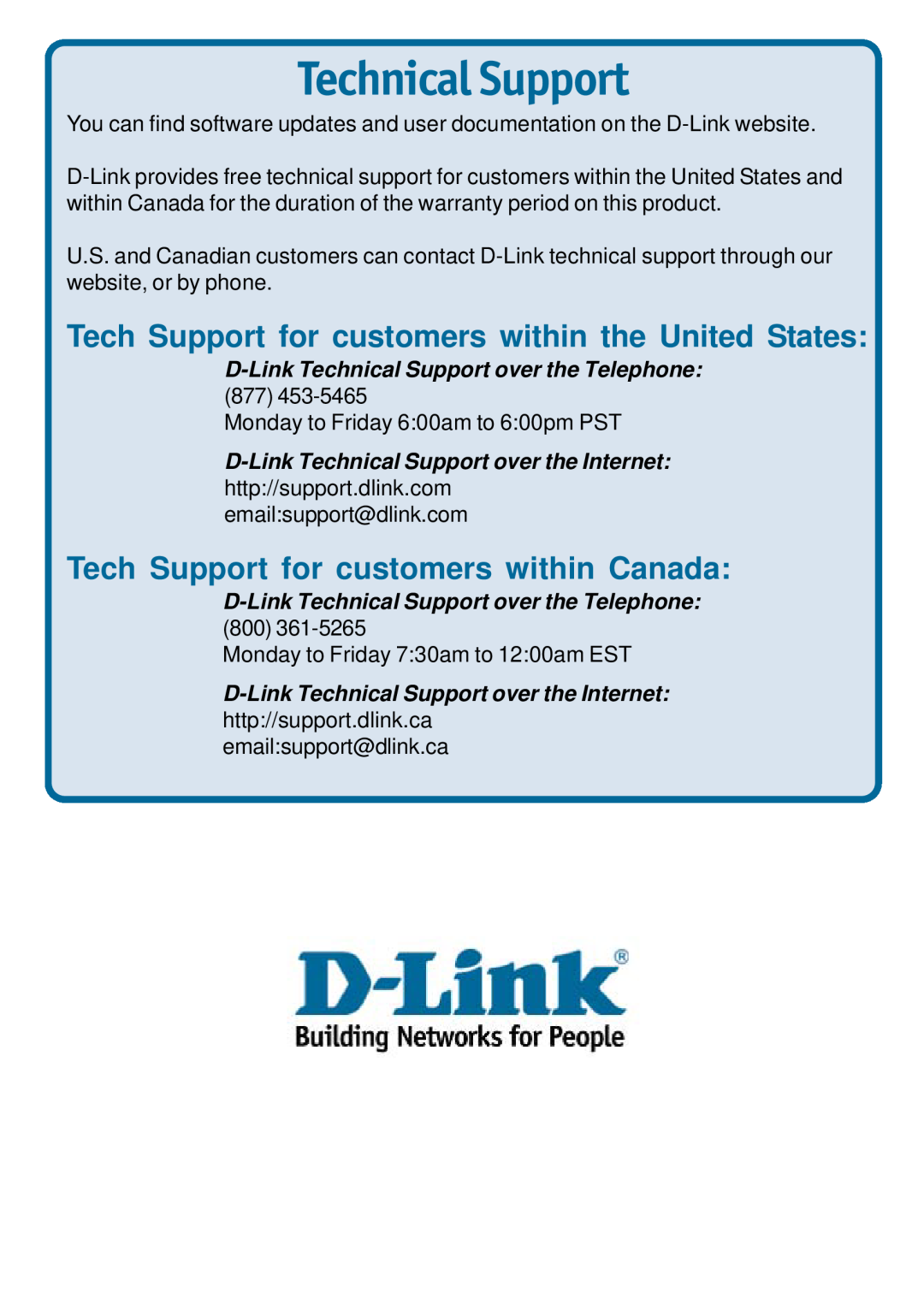 D-Link DSA-3200 warranty Technical Support, Tech Support for customers within the United States 