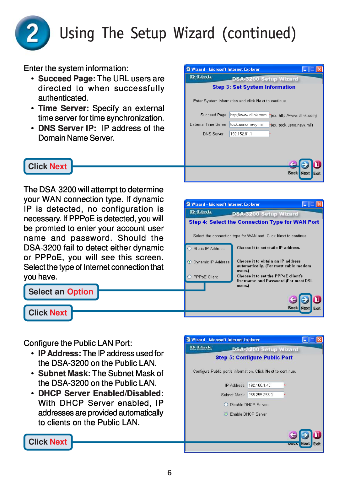 D-Link DSA-3200 warranty Select an Option Click Next, Using The Setup Wizard continued, Enter the system information 