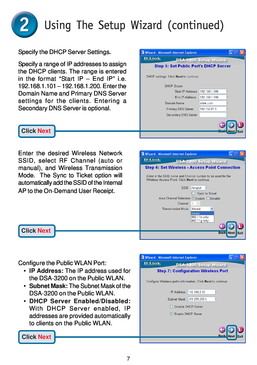 D-Link DSA-3200 warranty Using The Setup Wizard continued, Specify the DHCP Server Settings, Click Next 