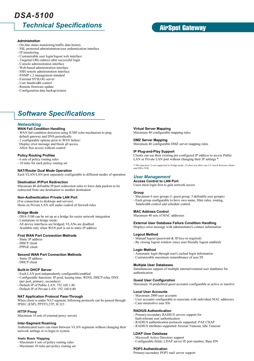 D-Link DSA-5100 manual Software Specifications, Networking, User Management 