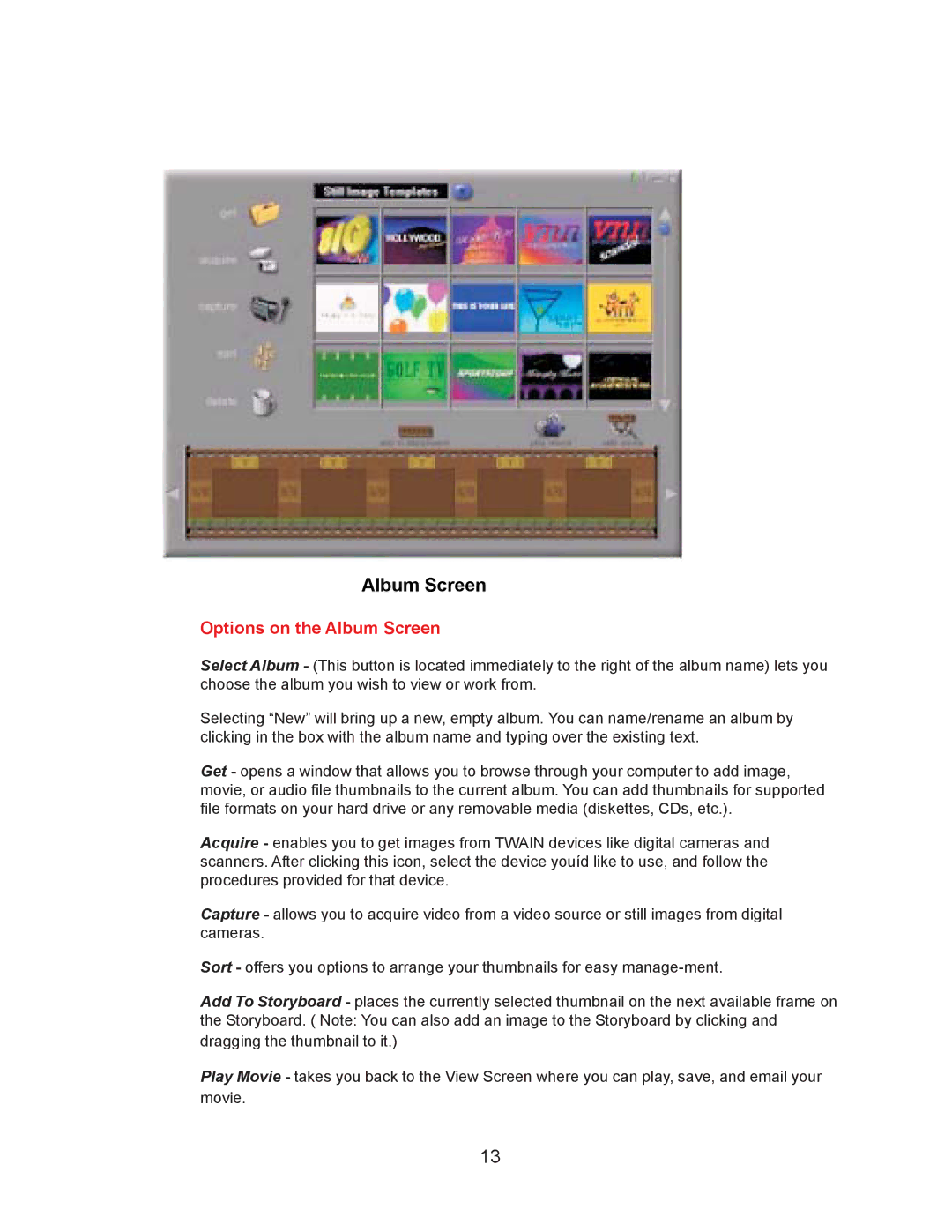 D-Link DSB-C110 manual Options on the Album Screen 